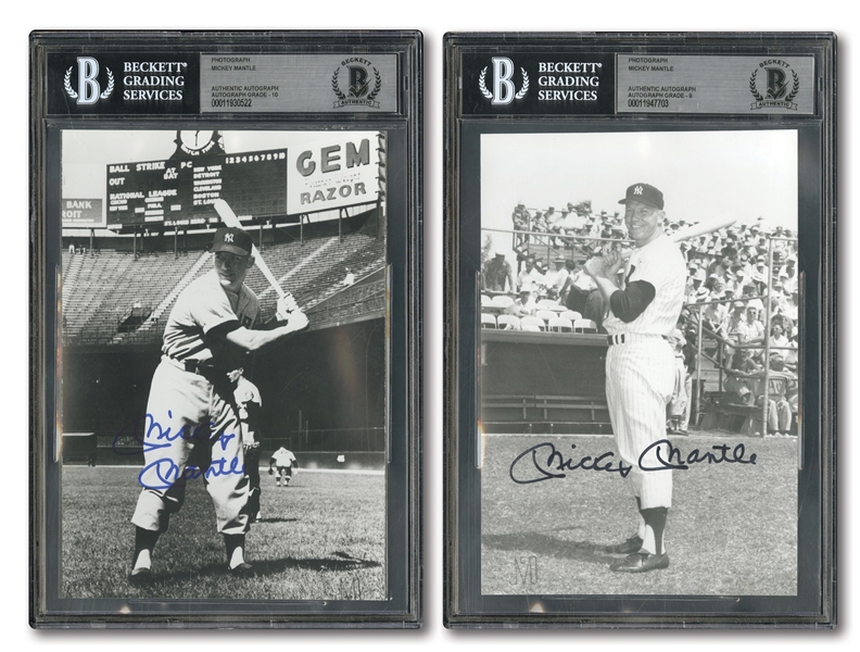 MICKEY MANTLE PAIR OF SIGNED EARLY CAREER 5x7 BLACK & WHITE PHOTOS - BECKETT MINT 9 & GEM MINT 10